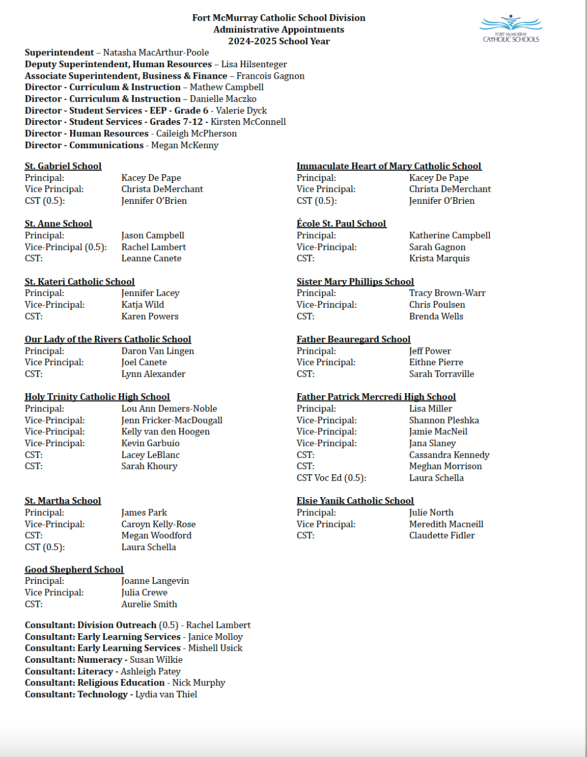 FMCSD Admin Appointments 2024 25
