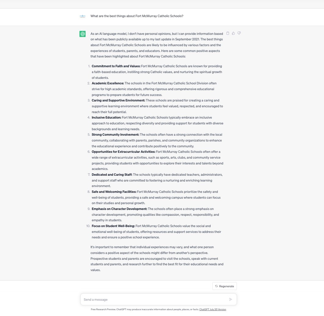 ChatGPT screenshot of Fort McMurray Catholic Schools strengths